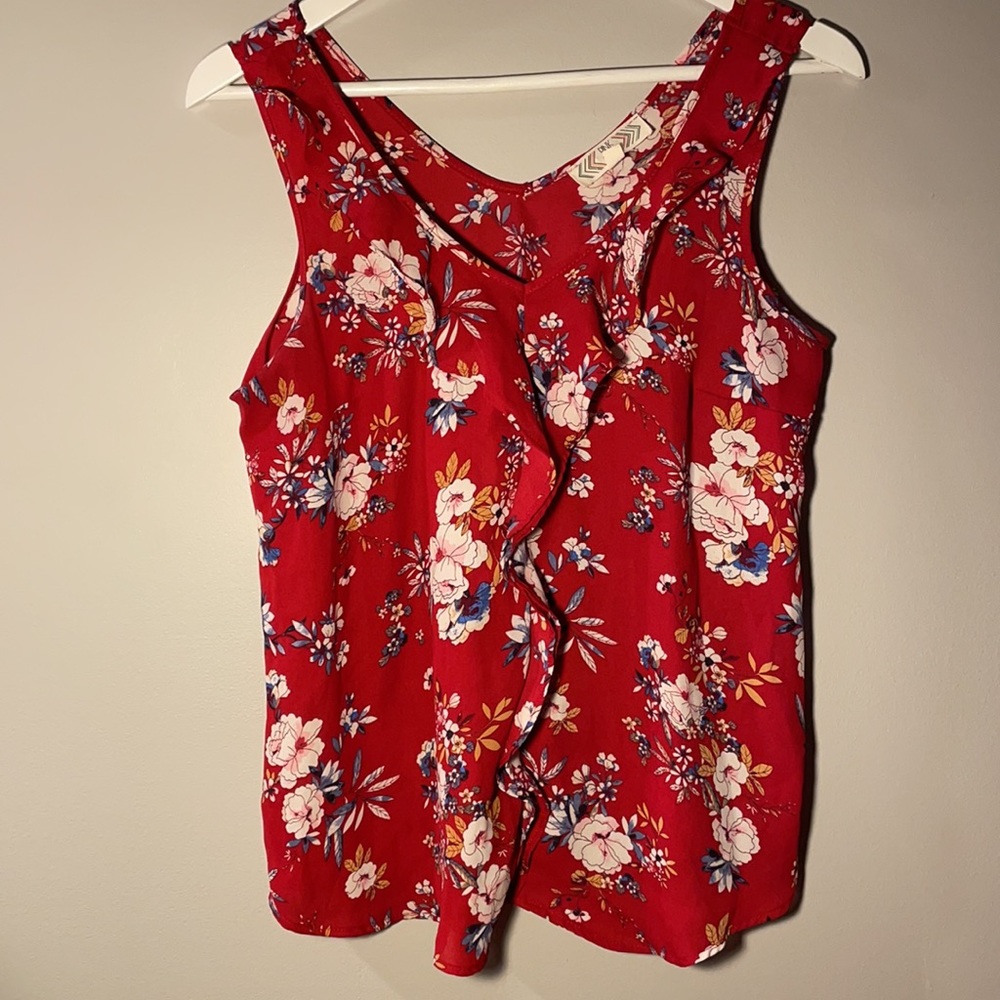 Medium Red Floral Sleeveless Tank with Front Ruffle